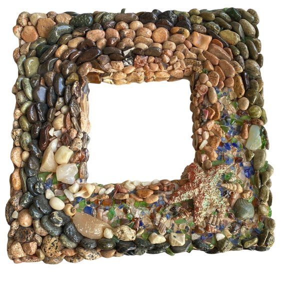 GORGEOUS HANDMADE ROCK & SEASHELL VINTAGE MIRROR ARTWORK (GUC) - Picture 1 of 8